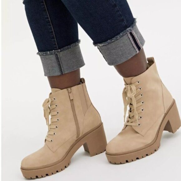Tan Beige Chunky Faux Suede Lace-Up Hiker Bootie - Size 7 Wide Width - Picture 1 of 13